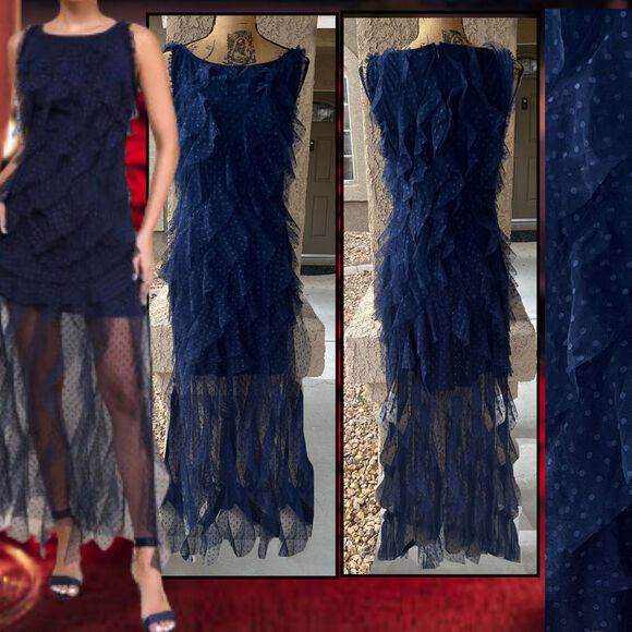 Lulus Blue Mesh Ruffled Swiss Dot Maxi Dress Size: L - Picture 1 of 12